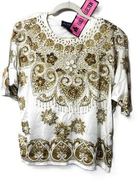 Vtg 80’s Bali Collection Summer Sequin Beaded Embellished  Tee Shirt NWT